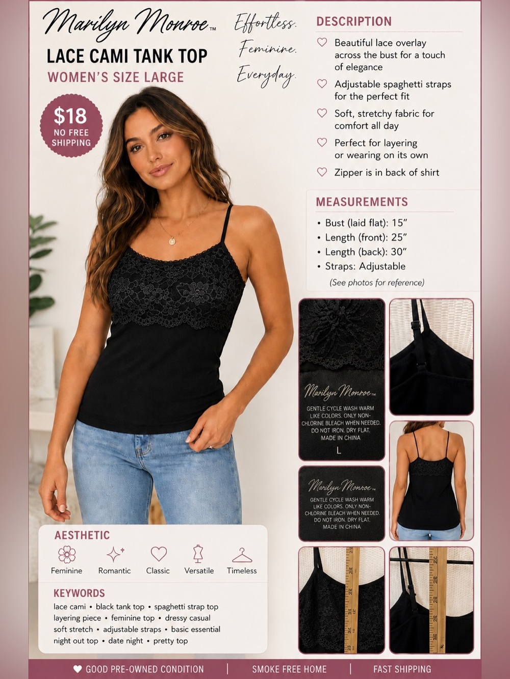 Marilyn Monroe Black Lace Cami Tank Top